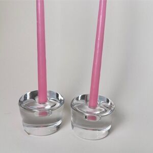 Orrefors Sweden Crystal Taper Candle Holders Set of 2 "Puck" Glass Minimalist